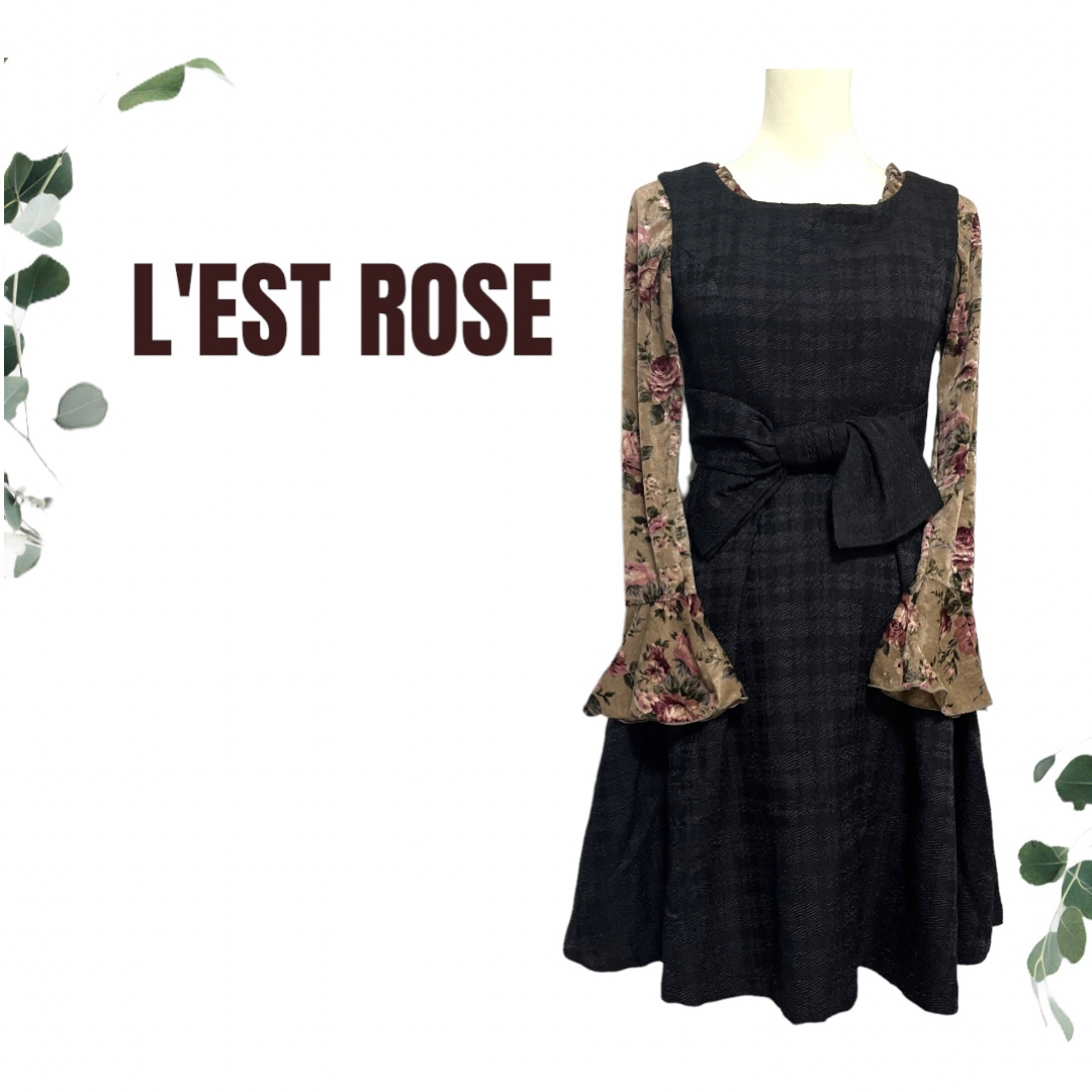 L'EST ROSE(レストローズ)の【L'EST ROSE】ツゥィード　リボン　フレア　ワンピース レディースのワンピース(ひざ丈ワンピース)の商品写真