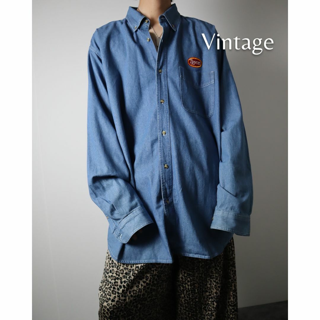【vintage】刺繍 ワッペン ボタンダウン デニム ルーズ 長袖シャツ XL