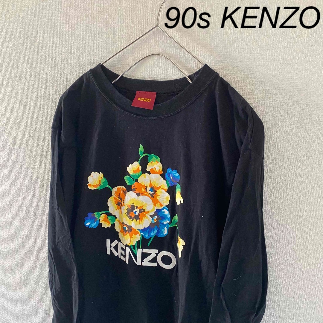 90sKENZOケンゾーロンtシャツメンズ長袖ブラック黒Lシングルステッチ花柄