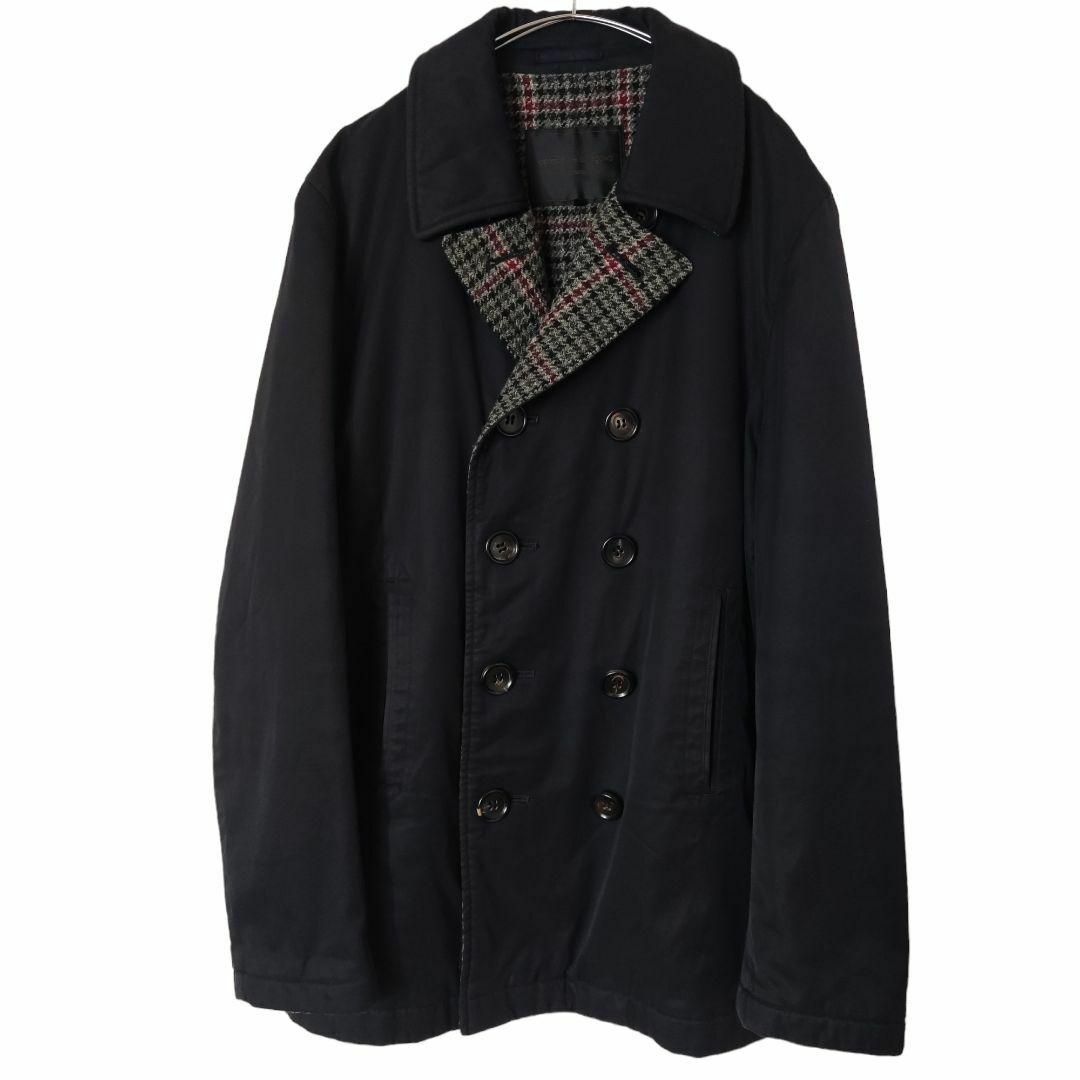 COMME des GARCONS HOMME コムデギャルソンオム 03AW HL-C003 裏地チェック コットンツイル Pコート ピーコート ダークネイビー寄りの黒 M