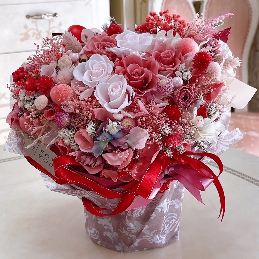 特大✨薄ピンクミックス系バラ6本✨プリザ花束アレンジ✨ラッピングのまま飾れます
