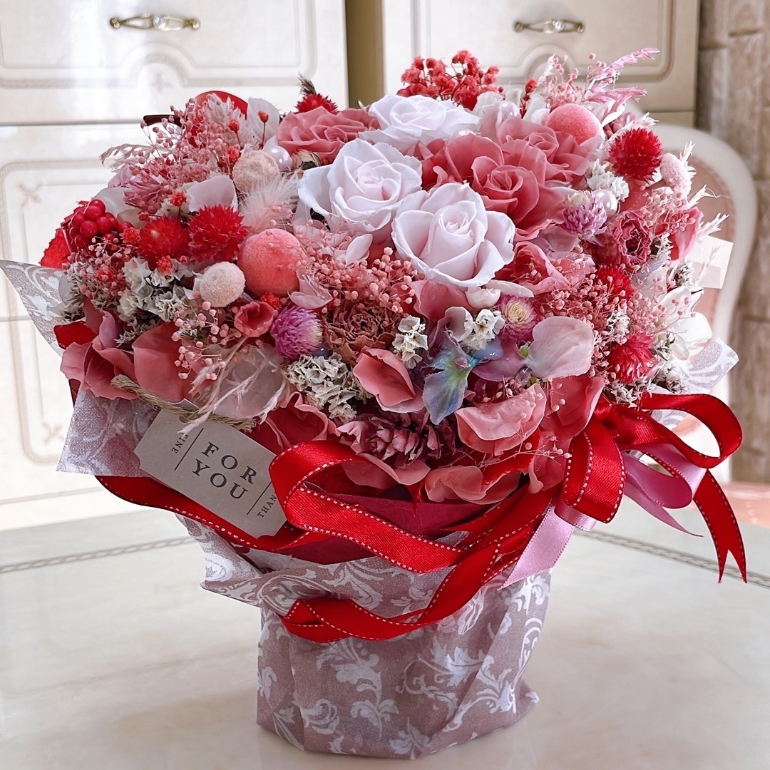 特大✨薄ピンクミックス系バラ6本✨プリザ花束アレンジ✨ラッピングのまま飾れます