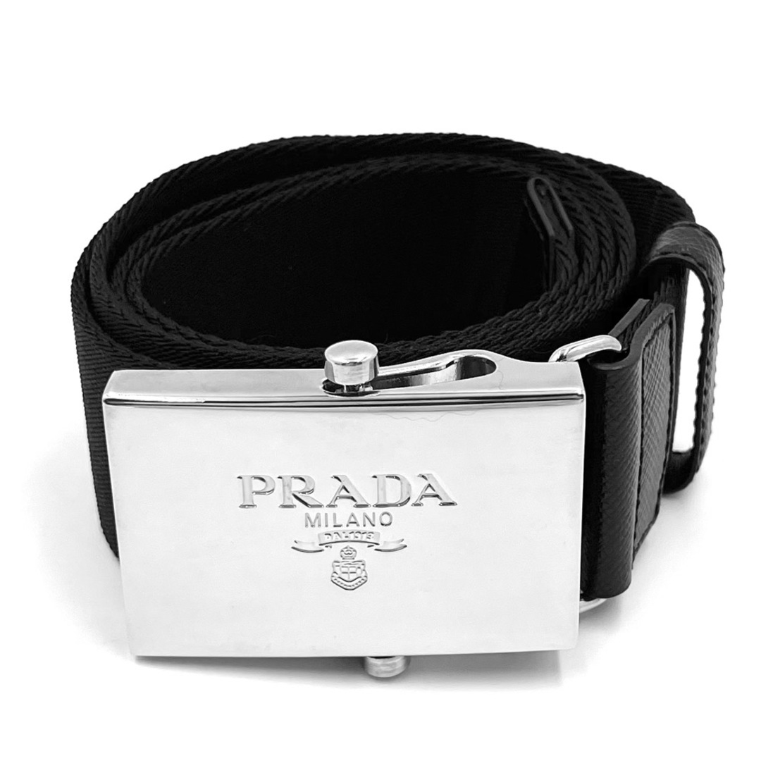 【大特価】PRADA プラダ ベルト ロゴ 85/24 ファッションアイテム 小物 2C4621 キャンバス ブラック 黒 シルバー金具 メンズ【品】のサムネイル