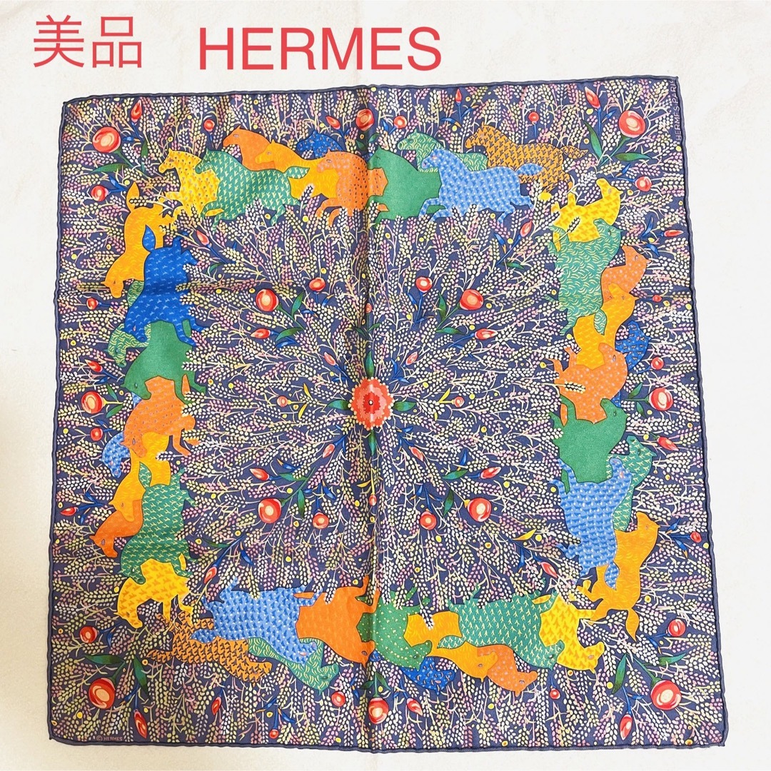 シルク100%付属品希少　美品　HERMES エルメス プチカレ 45 スカーフ　ホース　馬