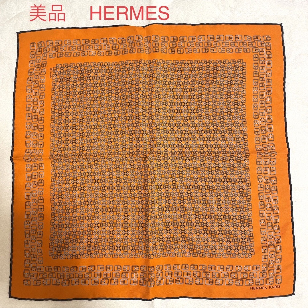 希少　美品　HERMES エルメス プチカレ 45 スカーフ　エルメスオレンジシルク100%付属品