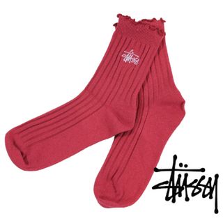 ステューシー(STUSSY)のSTUSSY ステューシー フリルストックロゴソックス レッド　海外限定(ソックス)