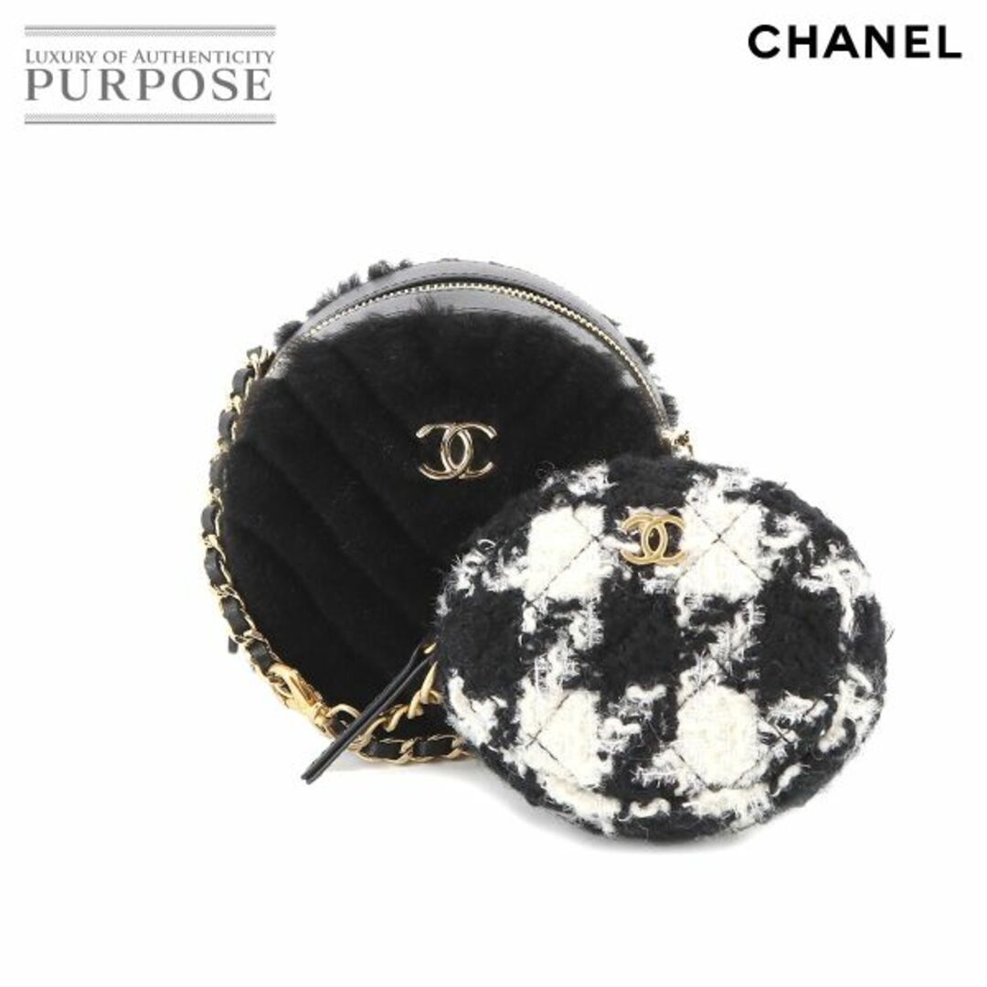 未使用 展示品 シャネル CHANEL シェブロン Vステッチ チェーン ショルダー バッグ レザー ファー ブラック ラウンド ポーチ付き 千鳥格子 VLP 90190480