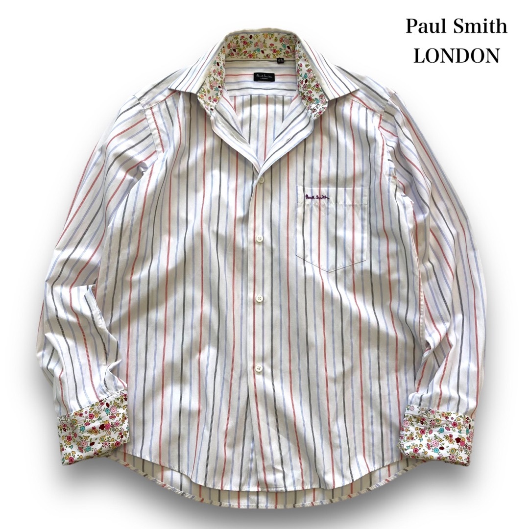 【Paul Smith LONDON】ストライプ 花柄シャツ 刺繍 ダブルカフス