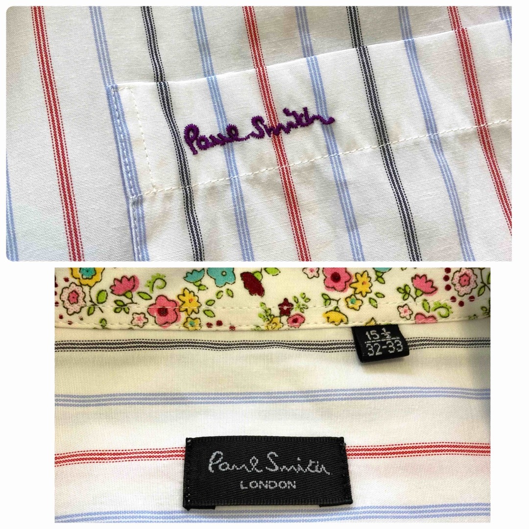 【Paul Smith LONDON】ストライプ 花柄シャツ 刺繍 ダブルカフス