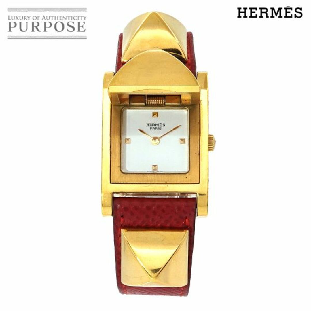 エルメス HERMES メドール ヴィンテージ レディース 腕時計 ピラミッド ゴールド スタッズ レッド レザー クォーツ Medor VLP 90210506