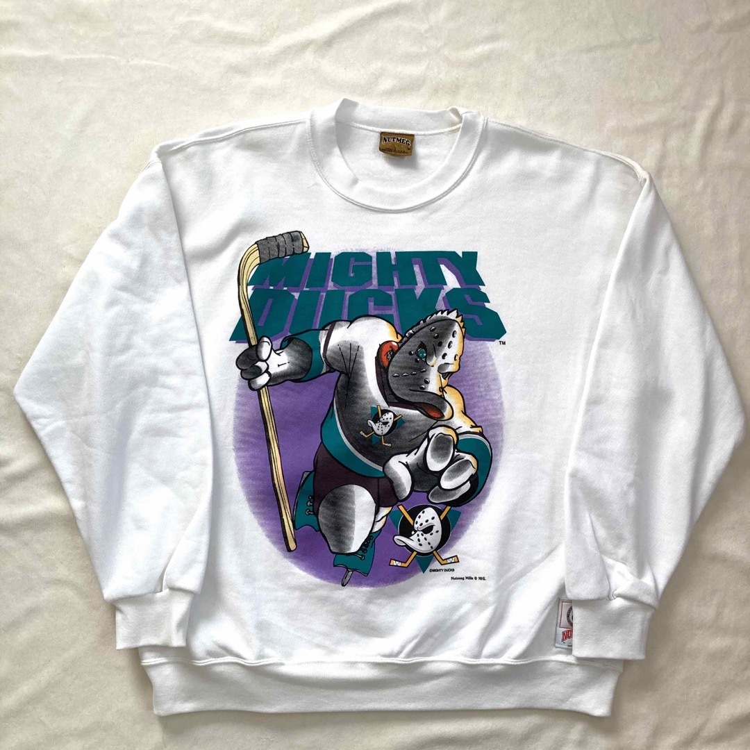 90s USA製 白スウェット NUTMEG NHL mighty ducks