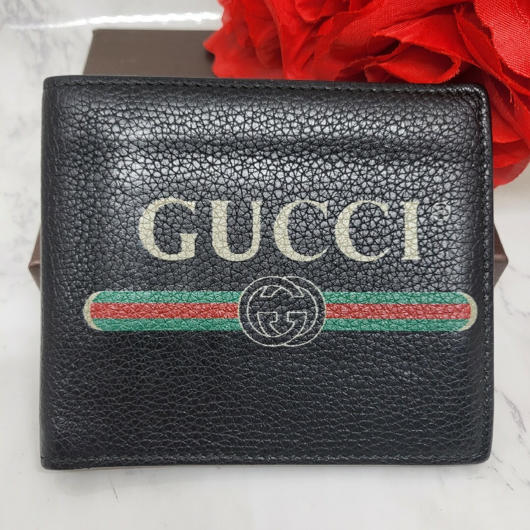 極美品】 GUCCI グッチ ロゴ 2つ折り財布 財布 GG ブラック-