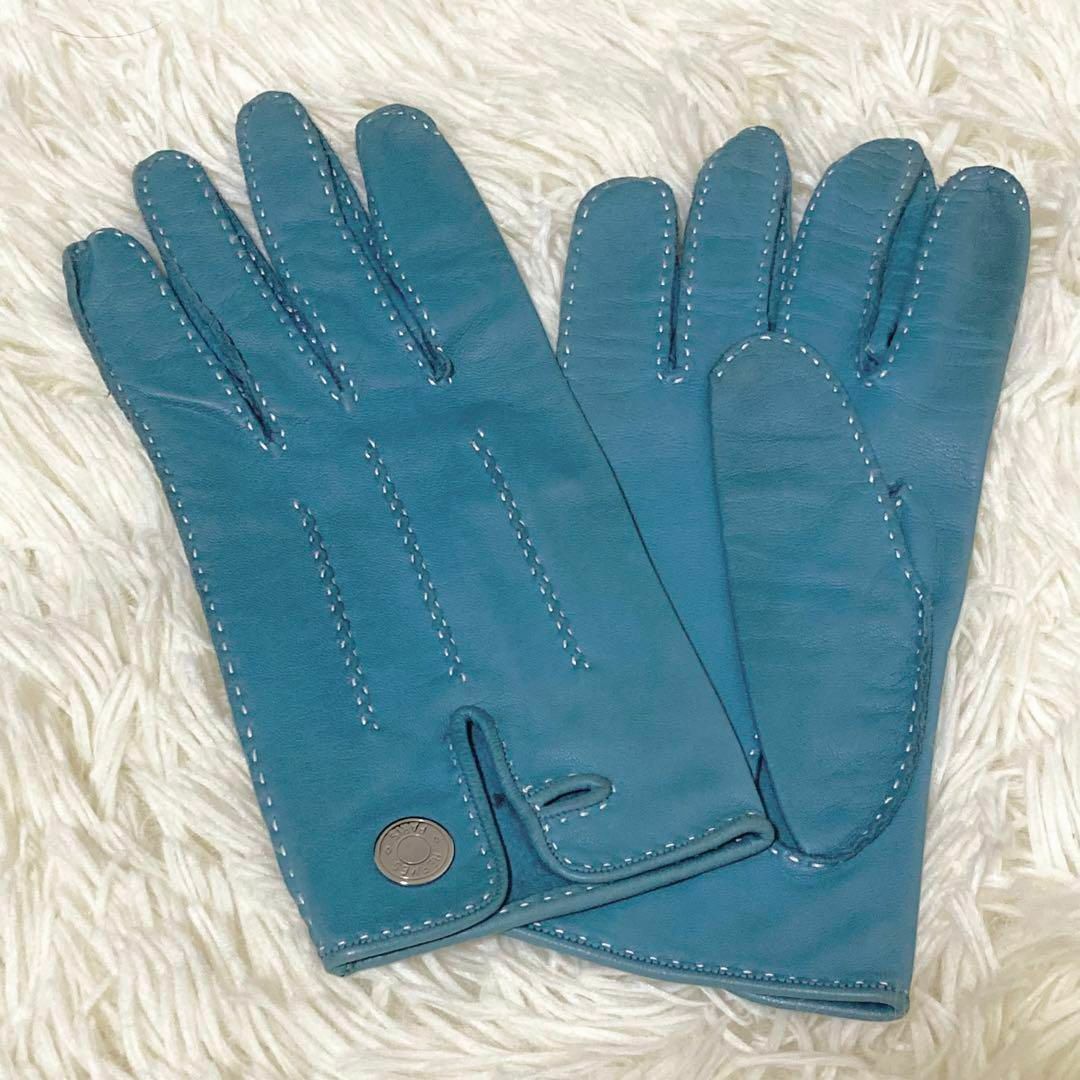 HERMES セリエ レザーグローブ 手袋 サイズ7 ブルー系-