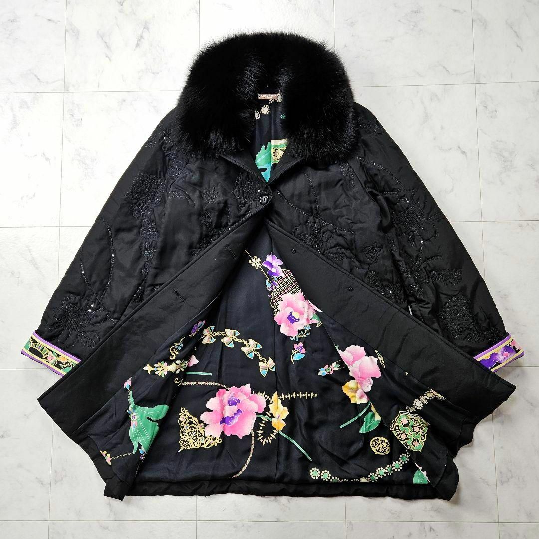 【極美品】レオナール　スパンコール　ファー　コート　刺繍　シルク　フォックス