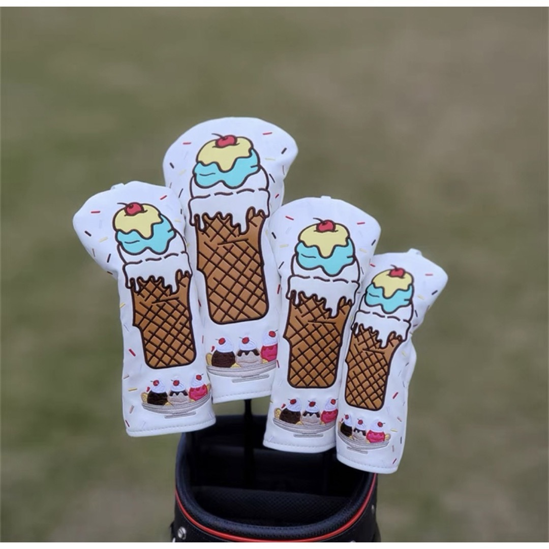 【シーズン新製品4点セット】アイスクリームかわいいゴルフクラブヘッドカバー白色フェアウェイウッド用