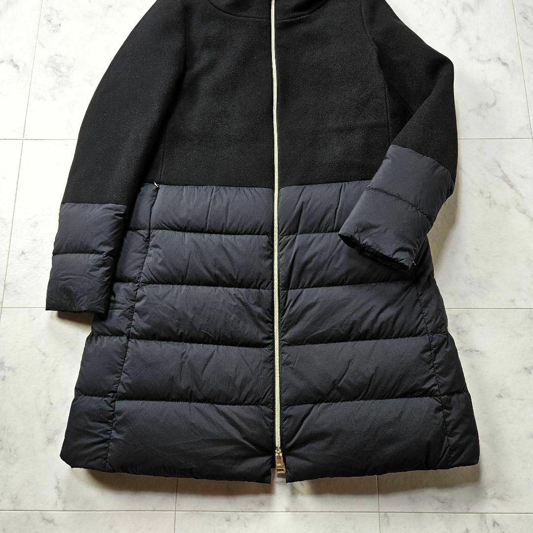 【美品】ヘルノ ダウンコート 異素材切り替え 42 ウール 大きめサイズ