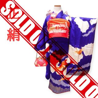 ★sold out★ 　7歳　正絹絞り刺繍群青飛鶴　七五三　お着物フルセット(和服/着物)