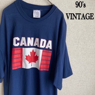 90s CANADA プリント　半袖　Tシャツ　紺　XLサイズ(Tシャツ/カットソー(半袖/袖なし))