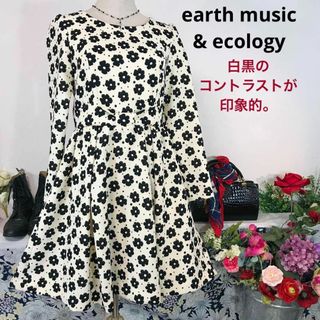 アースミュージックアンドエコロジー(earth music & ecology)のearth music & ecology長袖ワンピース膝丈　Ｍ　ウエストリボン(ひざ丈ワンピース)