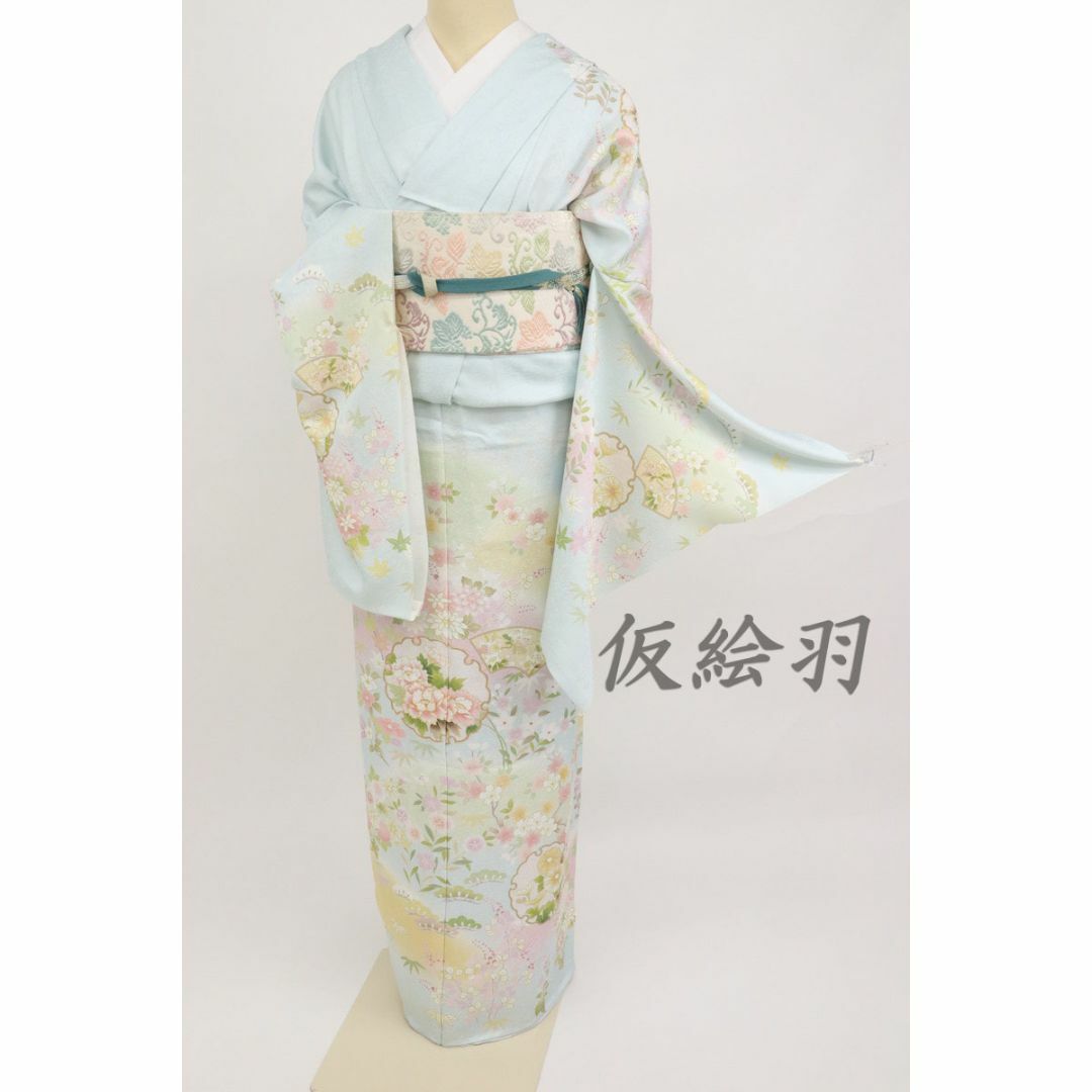 《仮絵羽■訪問着■吉祥文*雪輪地紙に花々松竹梅■水色◆袷正絹着物◆HA9-13》 | フリマアプリ ラクマ