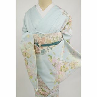 仮絵羽□訪問着□吉祥文*雪輪地紙に花々松竹梅□水色◇袷正絹着物