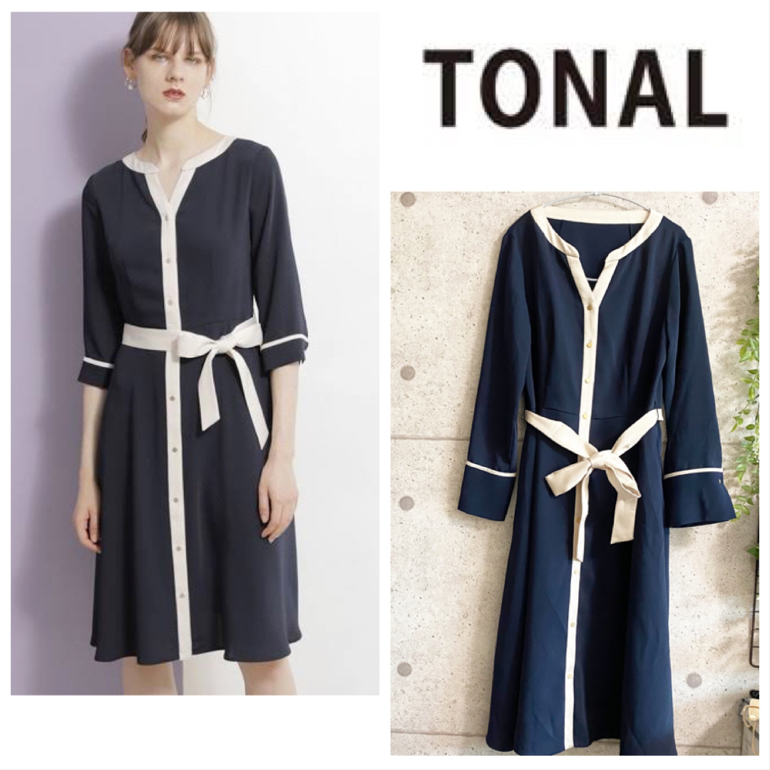 【美品】TONAL  バイカラースキッパーオープンワンピース