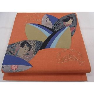 平和屋1■太鼓柄京袋帯　紬地　刺繍　刺し子　切嵌　人物吉祥文　ca4037(帯)