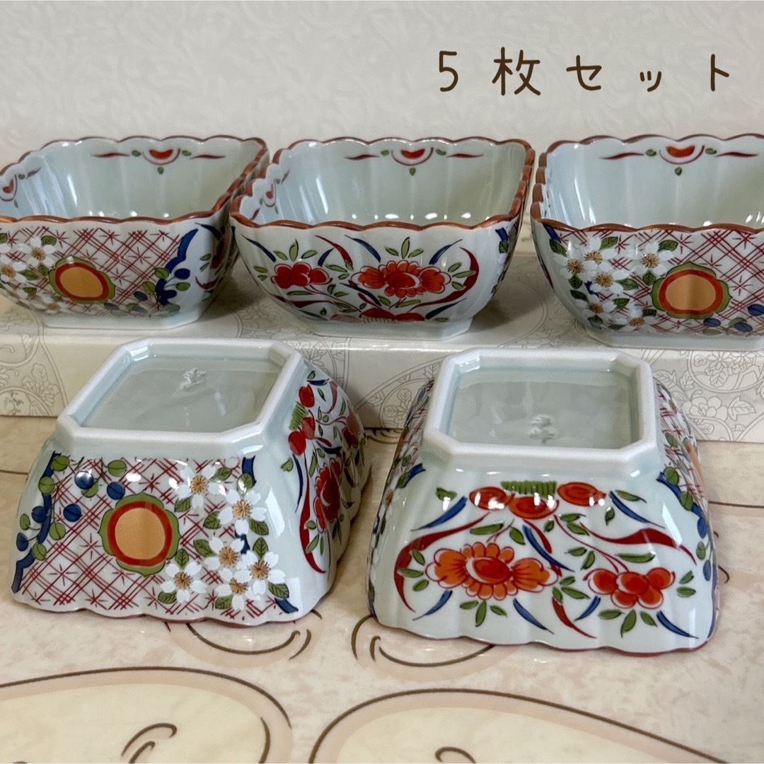 有田焼　李峰窯　赤絵金彩　菊割小鉢　５枚セット　輪花鉢　色絵　角鉢　花紋　和食器