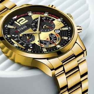 0399 新品 DEYROS クロノグラフ 腕時計メンズ ゴールド(キャラクターグッズ)