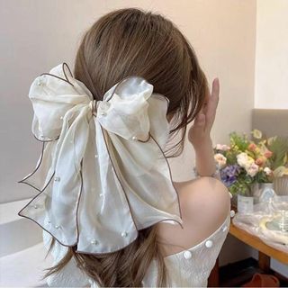 【大人気】大きめ シフォン バレッタ 髪飾り りぼん アイボリー パール(バレッタ/ヘアクリップ)