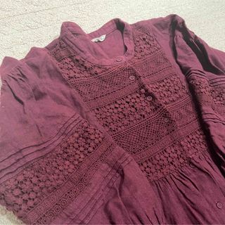 【入手困難】横振り刺繍 シルクスリーブワンピース ボルドー