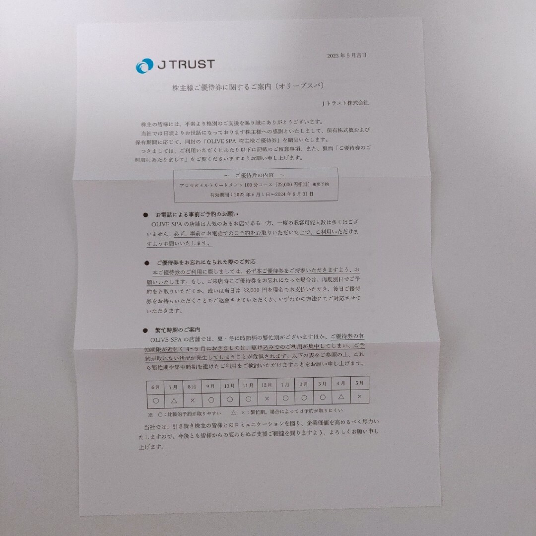 3枚セット JTRUST 株主優待券 オリーブスパ アロマトリートメント等 チケットの優待券/割引券(その他)の商品写真