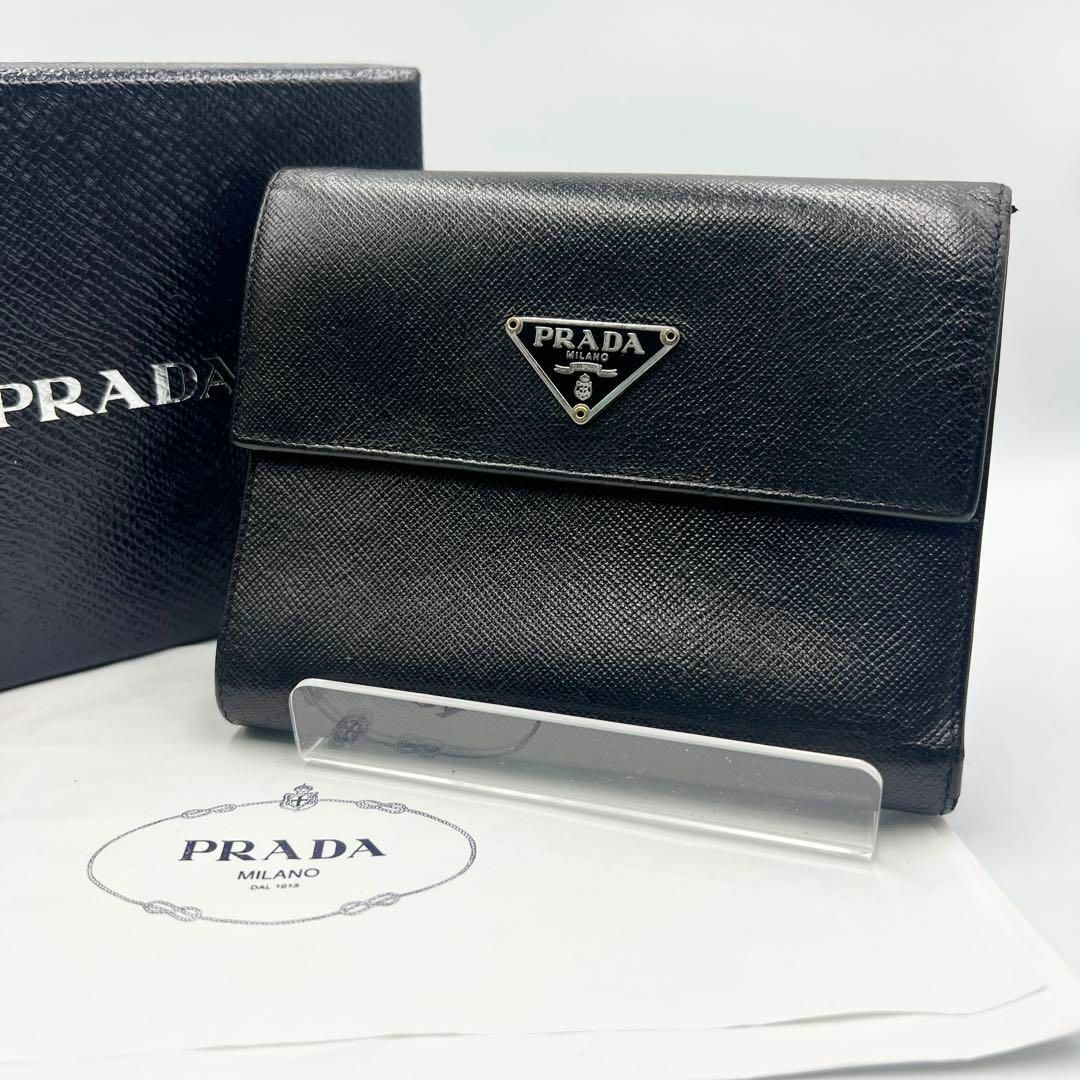 PRADA プラダ 三つ折り財布 サフィアーノレザー 三角ロゴ ゴールド 黒