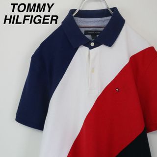 トミーヒルフィガー(TOMMY HILFIGER)の【希少】トミーヒルフィガー／ポロシャツ　刺繍ロゴ　トリコカラー　Mサイズ　古着(ポロシャツ)