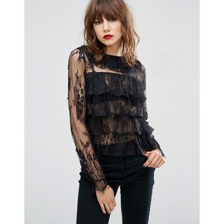 エイソス(asos)の新品 ASOS 総レースフリルブラウス トップス ブラック(シャツ/ブラウス(長袖/七分))