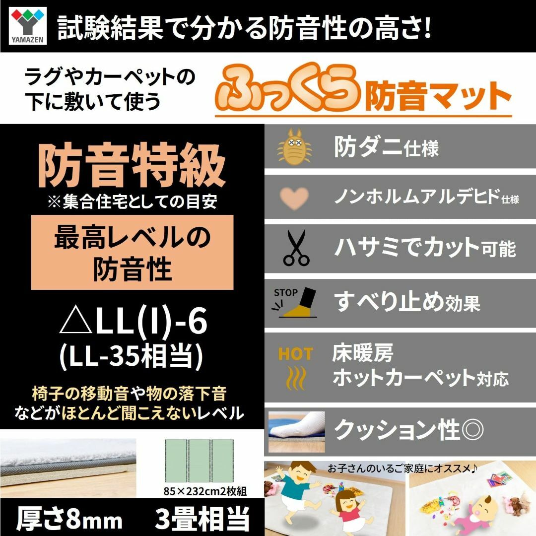 山善 防音マット 防音特級 △LLI-6 LL-35相当 厚さ8mm 3畳相当 1