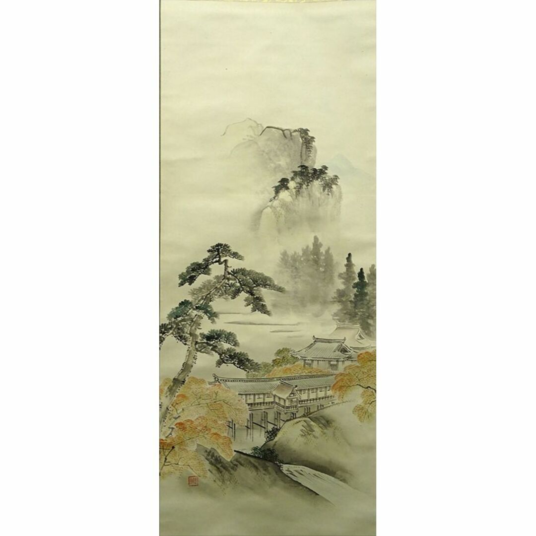 掛軸 黋月『寺院 山水図』日本画 紙本 肉筆 無地箱付 掛け軸 掛軸 黋月『寺院 山水図』日本画 紙本 肉筆 無地箱付 掛け軸