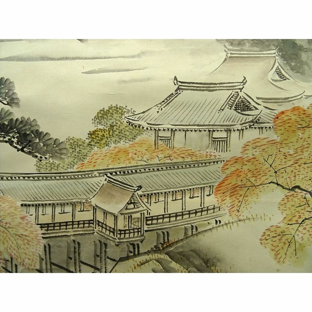 掛軸 輝月『寺院 山水図』日本画 紙本 肉筆 無地箱付 掛け軸 p02284