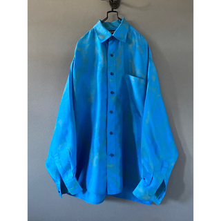ビンテージ 90s 光沢 青緑 シルク タイダイ オーバーサイズ 長袖シャツ