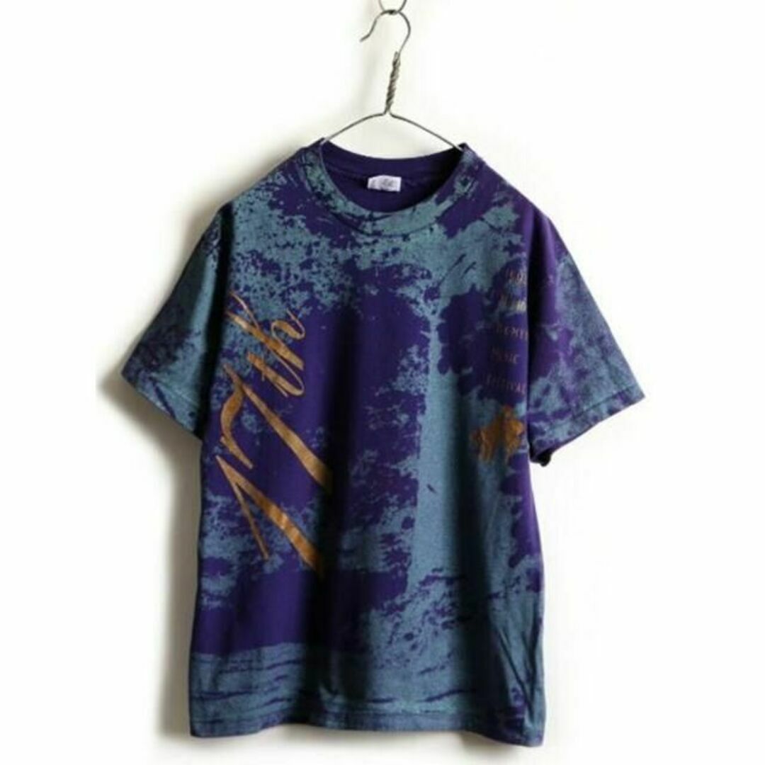 90s USA製 オールド ■ ヘインズ 総柄 オーバープリント 半袖 Tシャツ