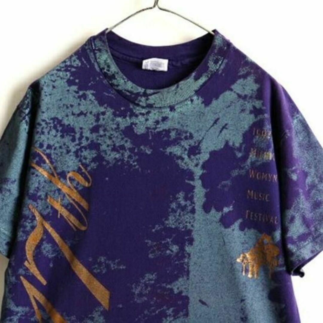 90s USA製 オールド ■ ヘインズ 総柄 オーバープリント 半袖 Tシャツ