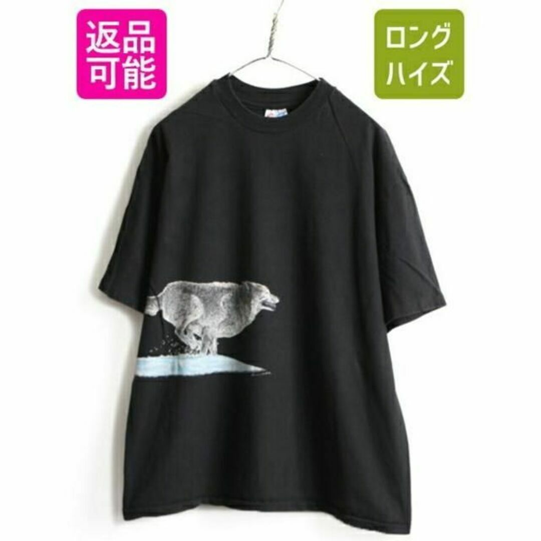 90s USA製 人気 黒 ■ ウルフ アニマル プリント 半袖 Tシャツ (