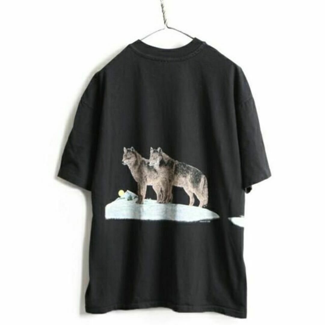 90s USA製 人気 黒 ■ ウルフ アニマル プリント 半袖 Tシャツ ( 8