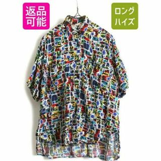 90s USA製 ■ SO USA 100% レーヨン 総柄 半袖 シャツ ( (シャツ)