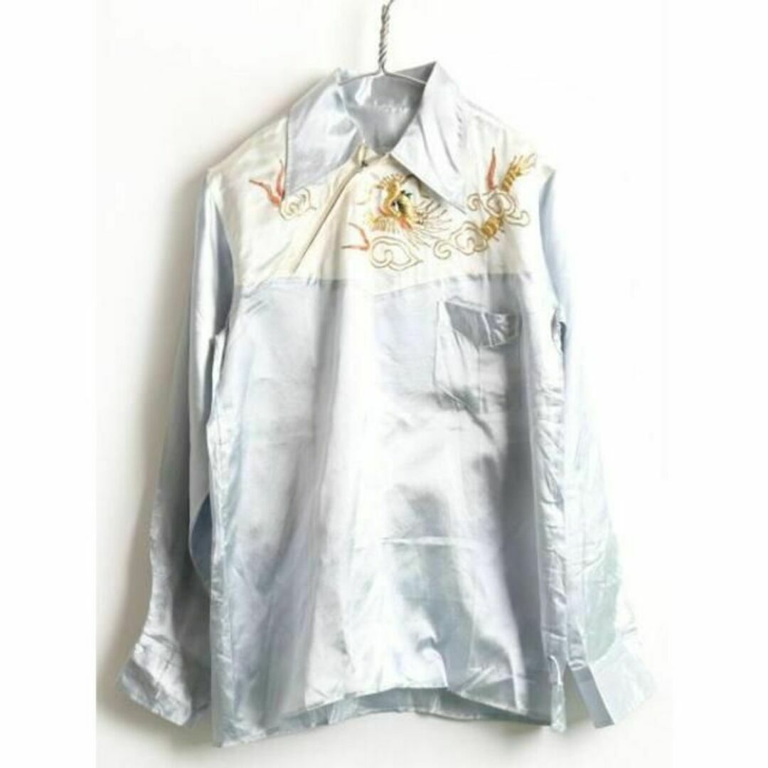 シャツ50s ビンテージ ★ 龍 金 刺繍 斜めジップ付き プルオーバー シルクサテン