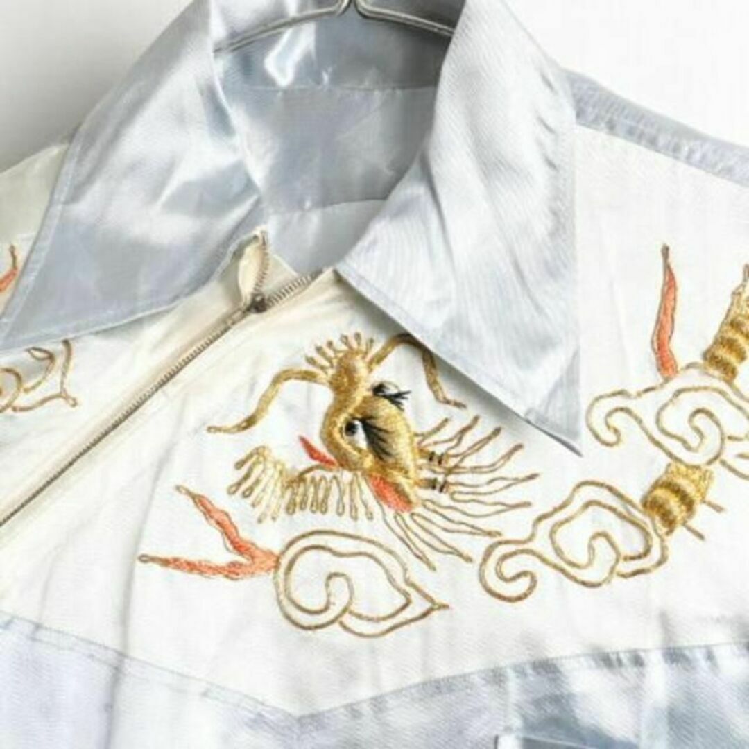 50s ビンテージ ★ 龍 金 刺繍 斜めジップ付き プルオーバー シルクサテン