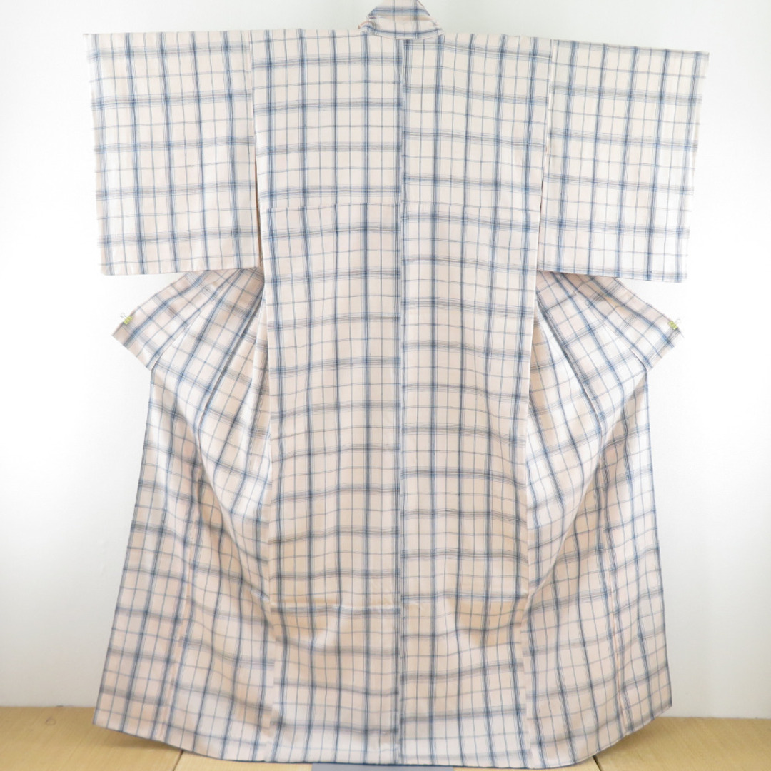 ココロード紬 着物 格子 袷 広衿 ベージュ色 正絹 カジュアル着物 仕立て上がり 身丈160cm