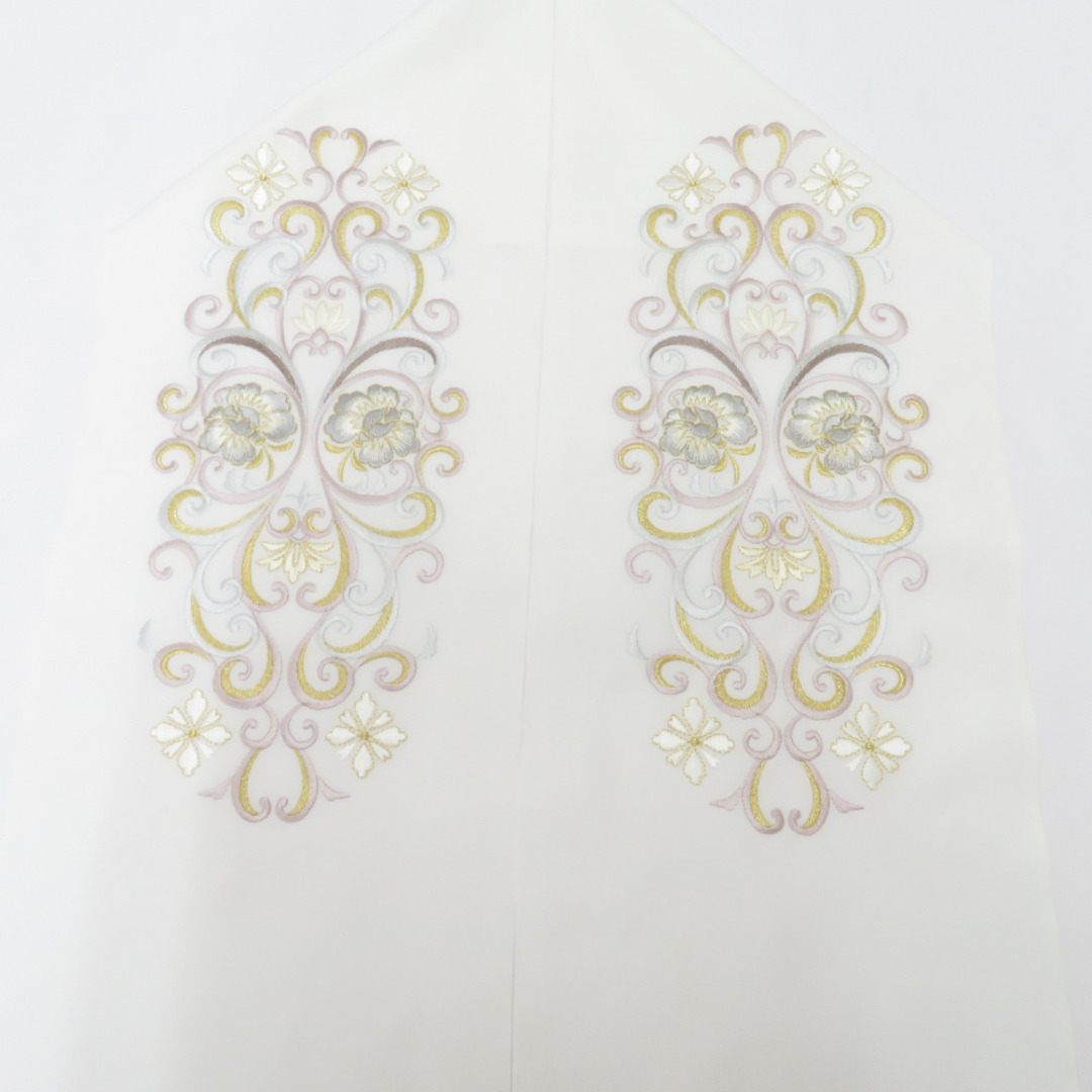 刺繍半衿 白色 ラベンダー×水色×ゴールド  花唐草 ポリエステル 半襟 振袖 礼装 成人式 卒業式 和装小物 長さ約113cm 新品