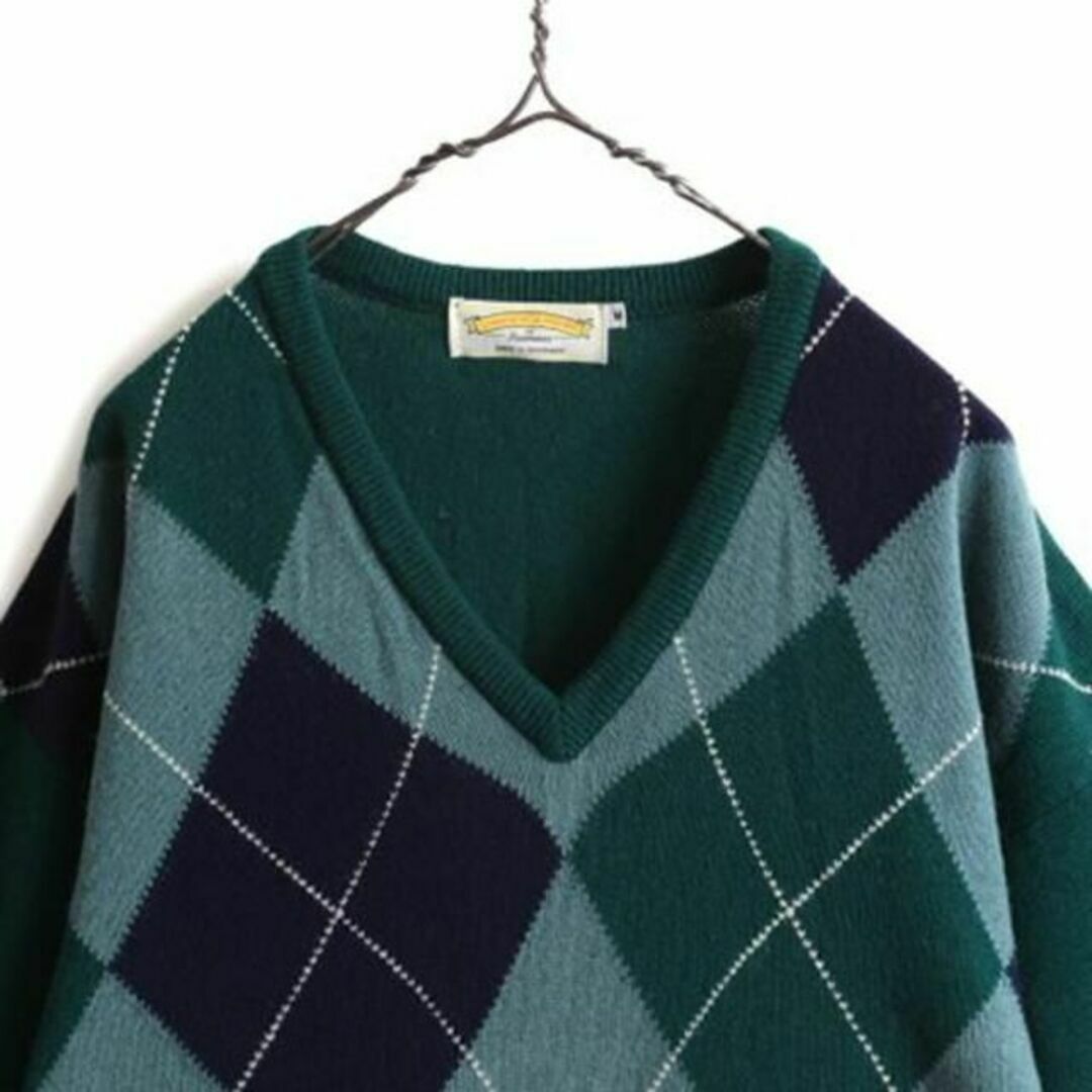スコットランド製 アーガイル Vネック ラム ウール 長袖 ニット セーター M メンズのトップス(カーディガン)の商品写真