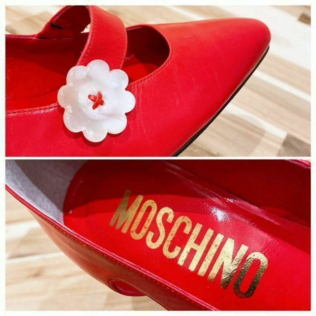 お洒落【モスキーノ】MOSCHINO レザー革パンプス花フラワーモチーフ 赤×白